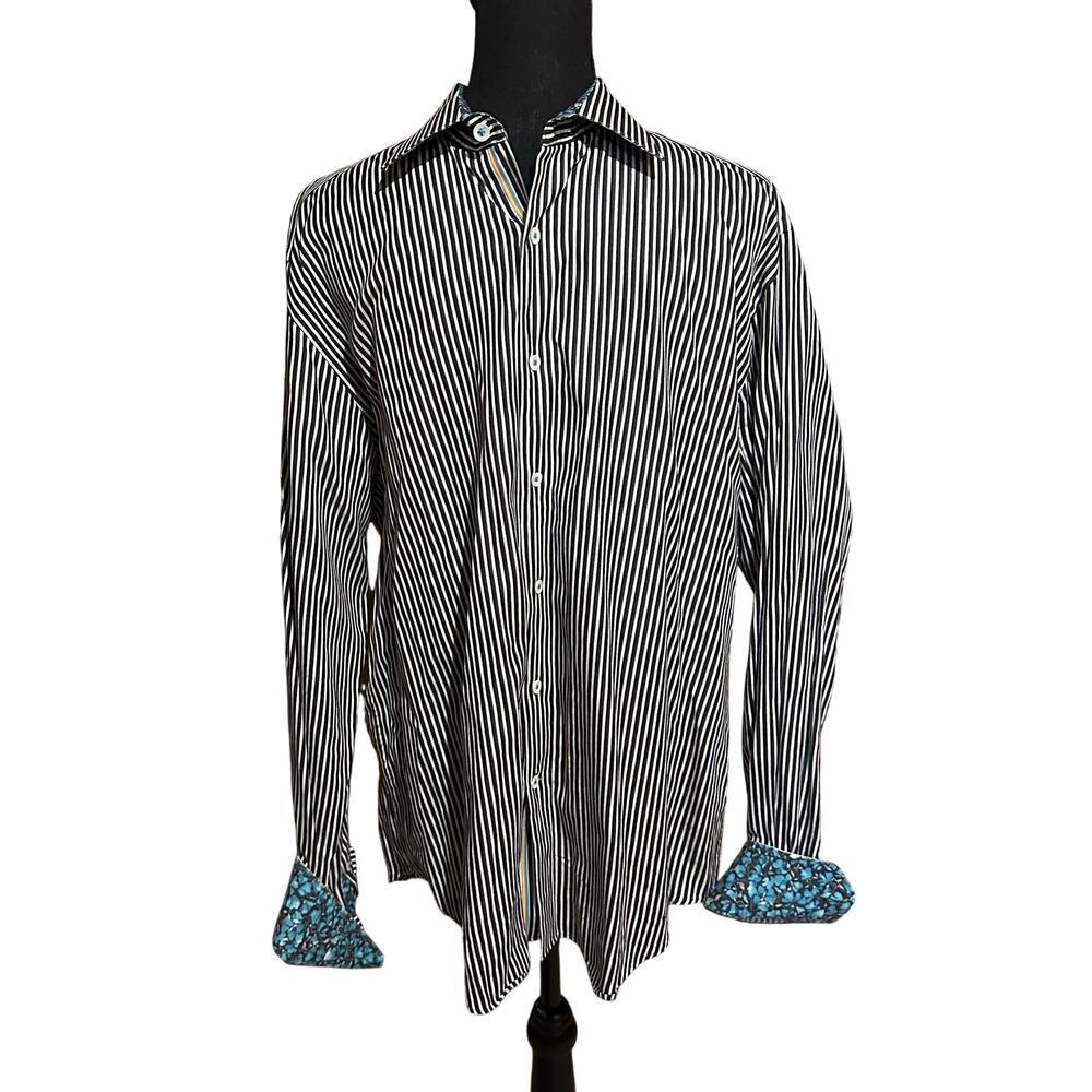 Bugatchi Black and White Stripe Contrast Cuff Men's Button Shirt Men's Large